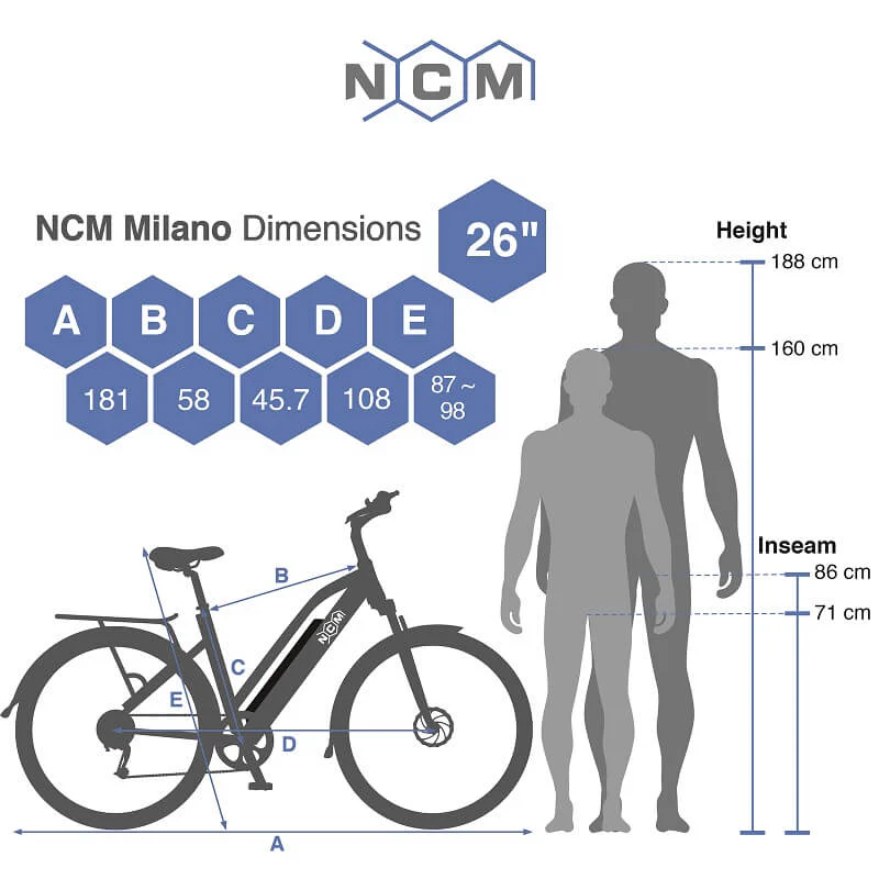 NCM Milano T3 Step Trekking Electric Bike, 250W E-Bike Motor, 48V 12Ah 576Wh Battery [Black 26"] - Image 9